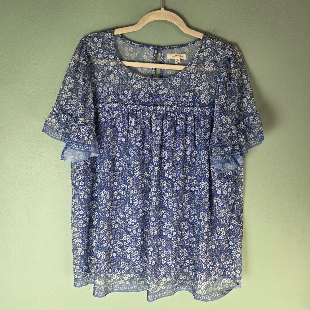 Max Studio Women Blue Mesh Floral Print Ruffle Short Sleeve Top 1X Boho Feminine
